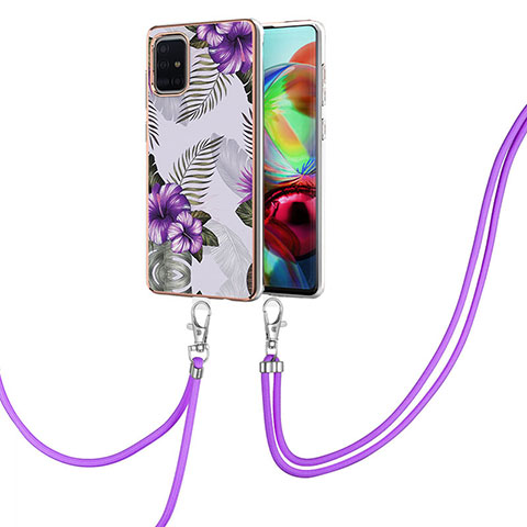 Funda Silicona Gel Goma Patron de Moda Carcasa con Acollador Cordon Lanyard Y03B para Samsung Galaxy A71 4G A715 Morado