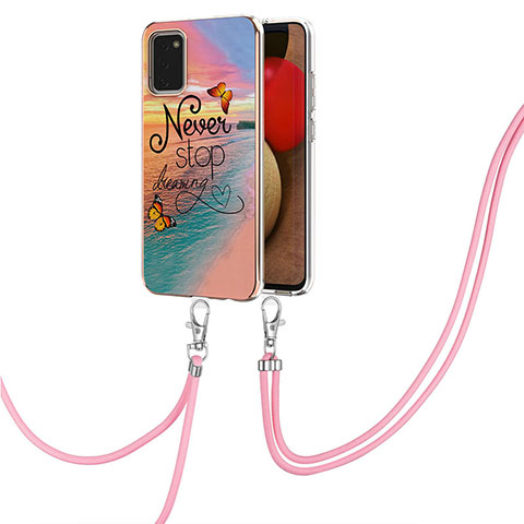 Funda Silicona Gel Goma Patron de Moda Carcasa con Acollador Cordon Lanyard Y03B para Samsung Galaxy F02S SM-E025F Multicolor