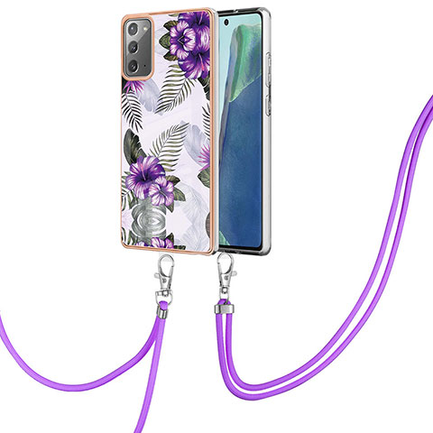 Funda Silicona Gel Goma Patron de Moda Carcasa con Acollador Cordon Lanyard Y03B para Samsung Galaxy Note 20 5G Morado