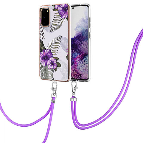 Funda Silicona Gel Goma Patron de Moda Carcasa con Acollador Cordon Lanyard Y03B para Samsung Galaxy S20 5G Morado