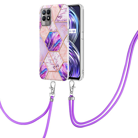 Funda Silicona Gel Goma Patron de Moda Carcasa con Acollador Cordon Lanyard Y04B para Realme 8i Purpura Claro