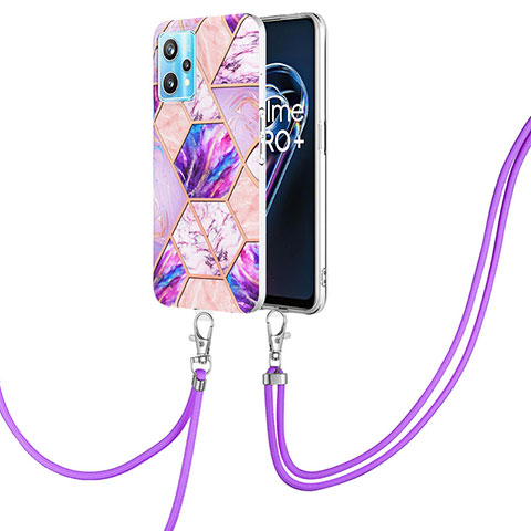 Funda Silicona Gel Goma Patron de Moda Carcasa con Acollador Cordon Lanyard Y04B para Realme 9 4G Purpura Claro