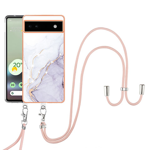 Funda Silicona Gel Goma Patron de Moda Carcasa con Acollador Cordon Lanyard Y05B para Google Pixel 6a 5G Blanco