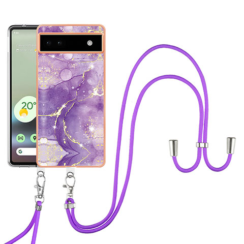 Funda Silicona Gel Goma Patron de Moda Carcasa con Acollador Cordon Lanyard Y05B para Google Pixel 6a 5G Morado