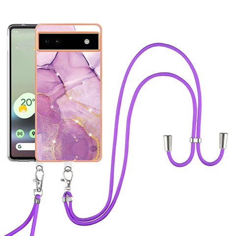 Funda Silicona Gel Goma Patron de Moda Carcasa con Acollador Cordon Lanyard Y05B para Google Pixel 6a 5G Purpura Claro