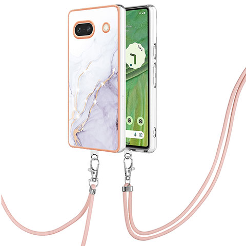 Funda Silicona Gel Goma Patron de Moda Carcasa con Acollador Cordon Lanyard Y05B para Google Pixel 7a 5G Blanco