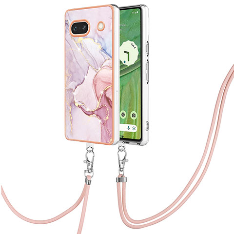 Funda Silicona Gel Goma Patron de Moda Carcasa con Acollador Cordon Lanyard Y05B para Google Pixel 7a 5G Rosa