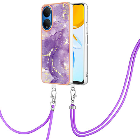 Funda Silicona Gel Goma Patron de Moda Carcasa con Acollador Cordon Lanyard Y05B para Huawei Honor X7 Morado