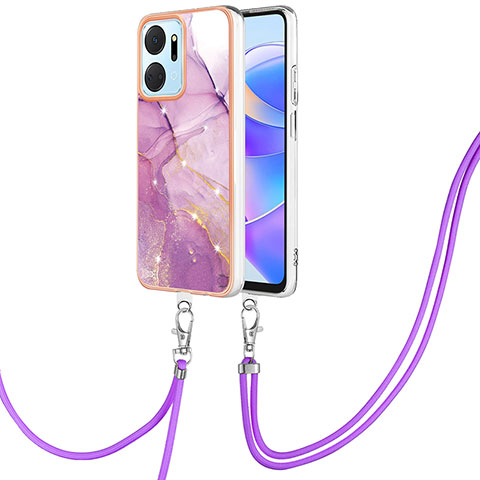 Funda Silicona Gel Goma Patron de Moda Carcasa con Acollador Cordon Lanyard Y05B para Huawei Honor X7a Purpura Claro