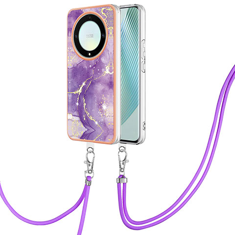 Funda Silicona Gel Goma Patron de Moda Carcasa con Acollador Cordon Lanyard Y05B para Huawei Honor X9a 5G Morado