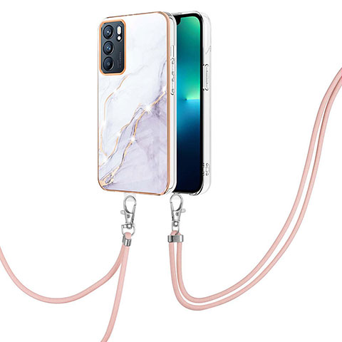 Funda Silicona Gel Goma Patron de Moda Carcasa con Acollador Cordon Lanyard Y05B para Oppo Reno6 5G Blanco