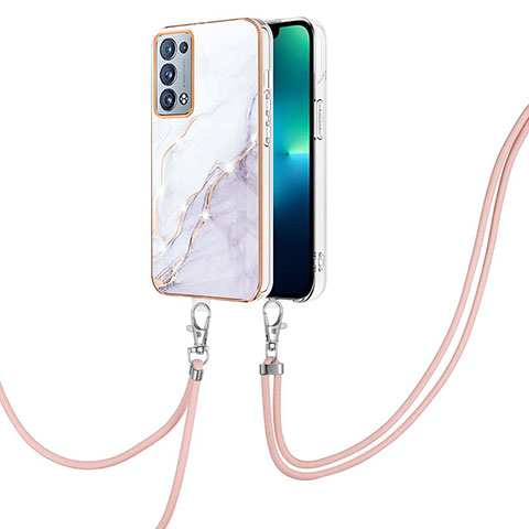 Funda Silicona Gel Goma Patron de Moda Carcasa con Acollador Cordon Lanyard Y05B para Oppo Reno6 Pro 5G Blanco