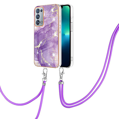 Funda Silicona Gel Goma Patron de Moda Carcasa con Acollador Cordon Lanyard Y05B para Oppo Reno6 Pro 5G Morado