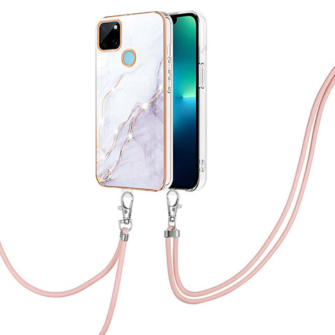 Funda Silicona Gel Goma Patron de Moda Carcasa con Acollador Cordon Lanyard Y05B para Realme C21Y Blanco