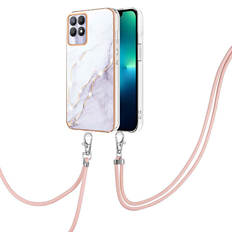 Funda Silicona Gel Goma Patron de Moda Carcasa con Acollador Cordon Lanyard Y05B para Realme Narzo 50 4G Blanco