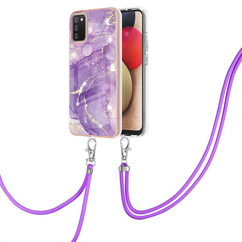 Funda Silicona Gel Goma Patron de Moda Carcasa con Acollador Cordon Lanyard Y05B para Samsung Galaxy A02s Morado