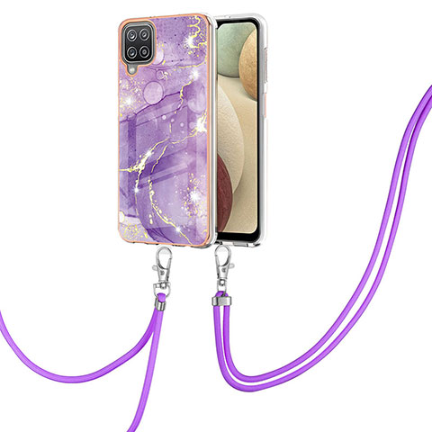 Funda Silicona Gel Goma Patron de Moda Carcasa con Acollador Cordon Lanyard Y05B para Samsung Galaxy A12 5G Morado