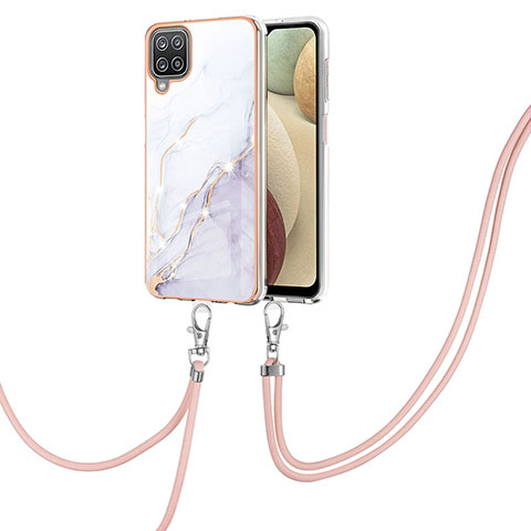 Funda Silicona Gel Goma Patron de Moda Carcasa con Acollador Cordon Lanyard Y05B para Samsung Galaxy A12 Blanco