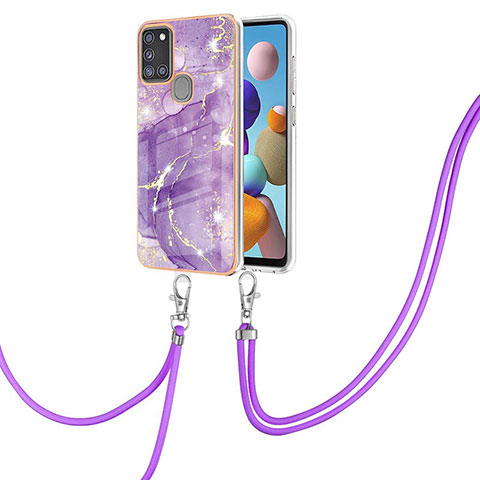 Funda Silicona Gel Goma Patron de Moda Carcasa con Acollador Cordon Lanyard Y05B para Samsung Galaxy A21s Morado