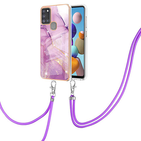 Funda Silicona Gel Goma Patron de Moda Carcasa con Acollador Cordon Lanyard Y05B para Samsung Galaxy A21s Purpura Claro