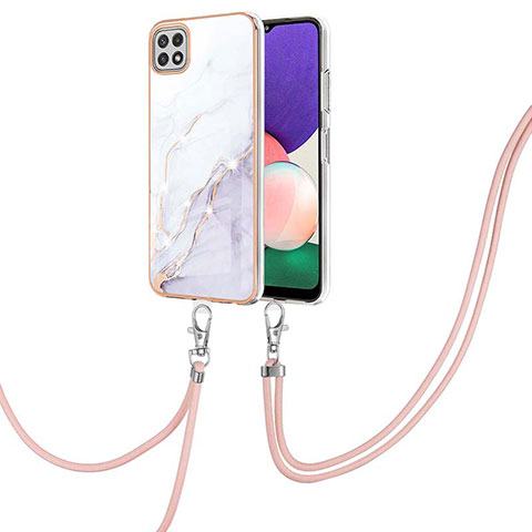 Funda Silicona Gel Goma Patron de Moda Carcasa con Acollador Cordon Lanyard Y05B para Samsung Galaxy A22 5G Blanco