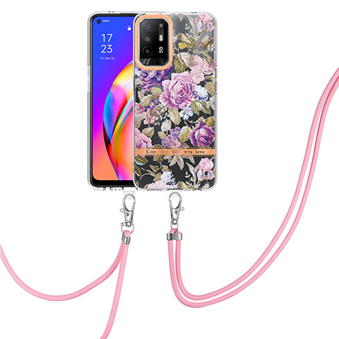 Funda Silicona Gel Goma Patron de Moda Carcasa con Acollador Cordon Lanyard Y06B para Oppo A95 5G Purpura Claro