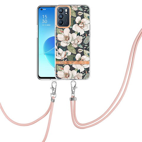 Funda Silicona Gel Goma Patron de Moda Carcasa con Acollador Cordon Lanyard Y06B para Oppo Reno6 5G Blanco