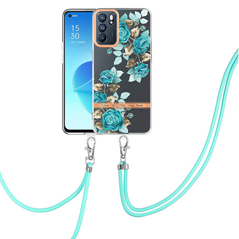 Funda Silicona Gel Goma Patron de Moda Carcasa con Acollador Cordon Lanyard Y06B para Oppo Reno6 5G Cian