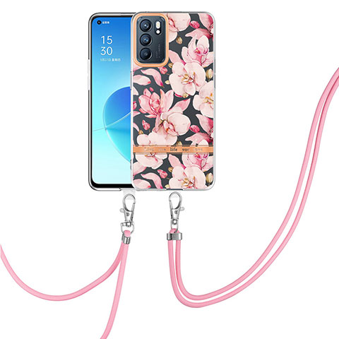 Funda Silicona Gel Goma Patron de Moda Carcasa con Acollador Cordon Lanyard Y06B para Oppo Reno6 5G Rosa