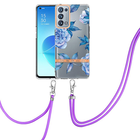 Funda Silicona Gel Goma Patron de Moda Carcasa con Acollador Cordon Lanyard Y06B para Oppo Reno6 Pro 5G Azul