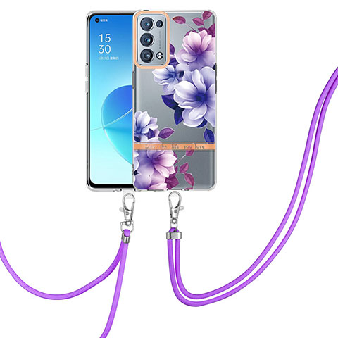 Funda Silicona Gel Goma Patron de Moda Carcasa con Acollador Cordon Lanyard Y06B para Oppo Reno6 Pro 5G Morado