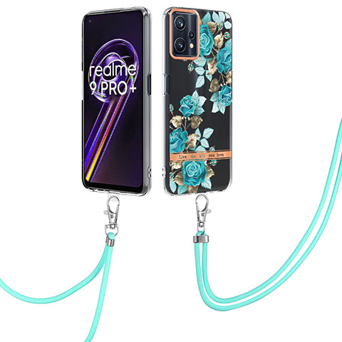 Funda Silicona Gel Goma Patron de Moda Carcasa con Acollador Cordon Lanyard Y06B para Realme 9 Pro+ Plus 5G Cian