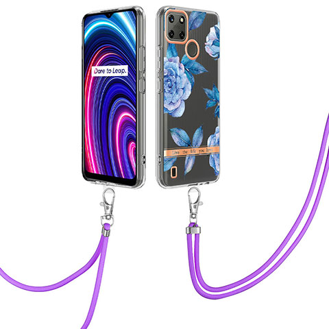 Funda Silicona Gel Goma Patron de Moda Carcasa con Acollador Cordon Lanyard Y06B para Realme C21Y Azul