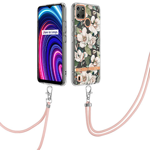 Funda Silicona Gel Goma Patron de Moda Carcasa con Acollador Cordon Lanyard Y06B para Realme C21Y Blanco