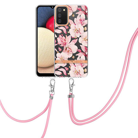 Funda Silicona Gel Goma Patron de Moda Carcasa con Acollador Cordon Lanyard Y06B para Samsung Galaxy A02s Rosa