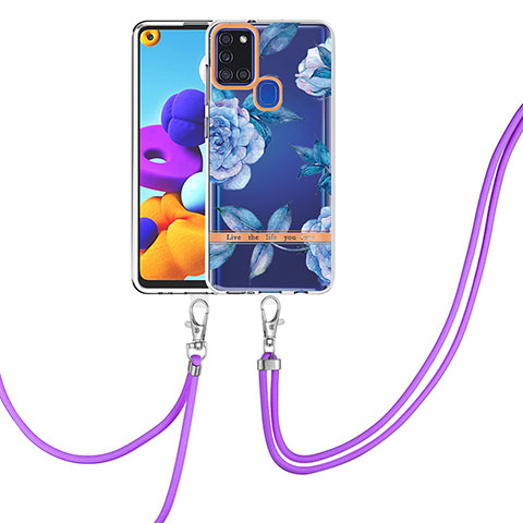 Funda Silicona Gel Goma Patron de Moda Carcasa con Acollador Cordon Lanyard Y06B para Samsung Galaxy A21s Azul