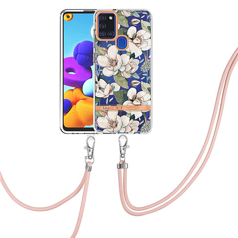 Funda Silicona Gel Goma Patron de Moda Carcasa con Acollador Cordon Lanyard Y06B para Samsung Galaxy A21s Blanco