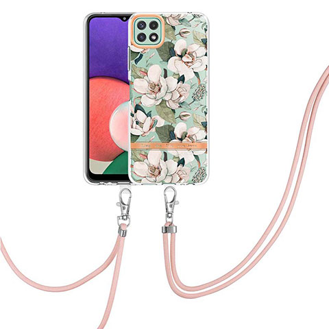 Funda Silicona Gel Goma Patron de Moda Carcasa con Acollador Cordon Lanyard Y06B para Samsung Galaxy A22 5G Blanco