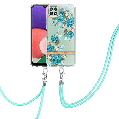 Funda Silicona Gel Goma Patron de Moda Carcasa con Acollador Cordon Lanyard Y06B para Samsung Galaxy A22 5G Cian