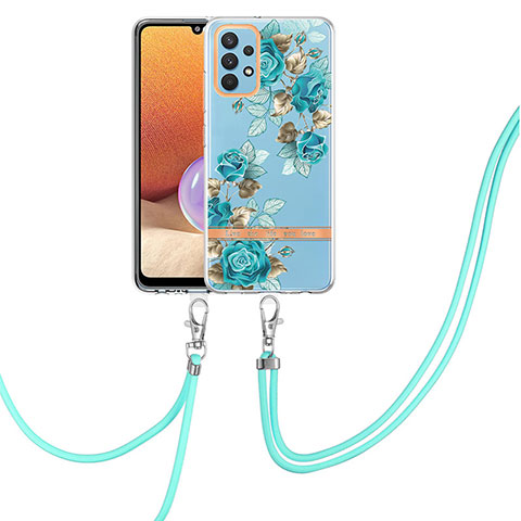 Funda Silicona Gel Goma Patron de Moda Carcasa con Acollador Cordon Lanyard Y06B para Samsung Galaxy A32 4G Cian