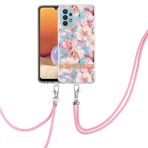 Funda Silicona Gel Goma Patron de Moda Carcasa con Acollador Cordon Lanyard Y06B para Samsung Galaxy A32 4G Rosa