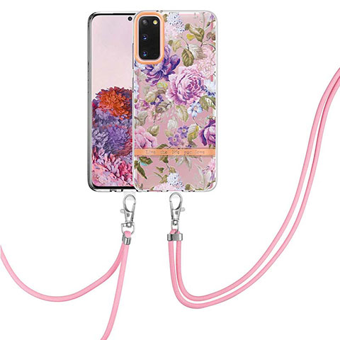 Funda Silicona Gel Goma Patron de Moda Carcasa con Acollador Cordon Lanyard Y06B para Samsung Galaxy S20 5G Purpura Claro