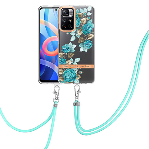 Funda Silicona Gel Goma Patron de Moda Carcasa con Acollador Cordon Lanyard Y06B para Xiaomi Poco M4 Pro 5G Cian