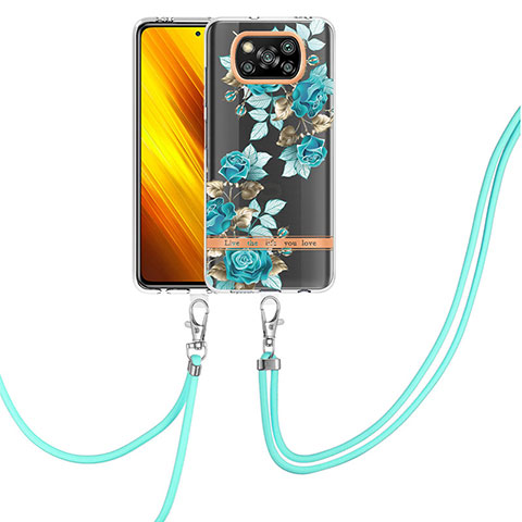 Funda Silicona Gel Goma Patron de Moda Carcasa con Acollador Cordon Lanyard Y06B para Xiaomi Poco X3 Pro Cian