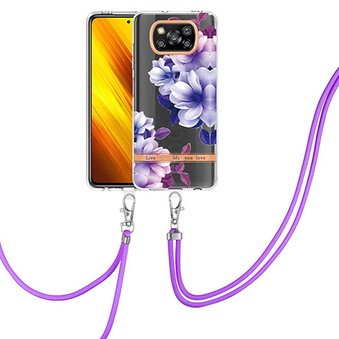 Funda Silicona Gel Goma Patron de Moda Carcasa con Acollador Cordon Lanyard Y06B para Xiaomi Poco X3 Pro Morado