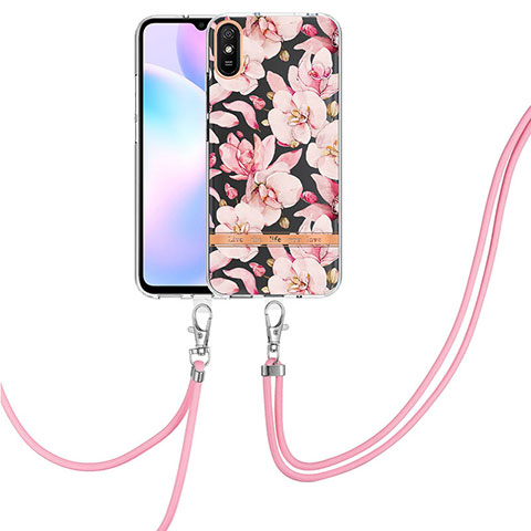 Funda Silicona Gel Goma Patron de Moda Carcasa con Acollador Cordon Lanyard Y06B para Xiaomi Redmi 9A Rosa