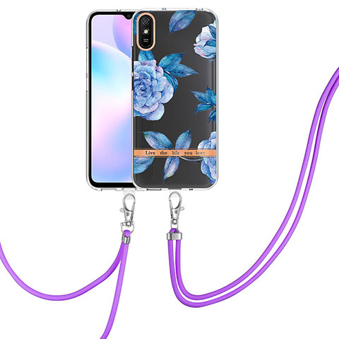 Funda Silicona Gel Goma Patron de Moda Carcasa con Acollador Cordon Lanyard Y06B para Xiaomi Redmi 9AT Azul