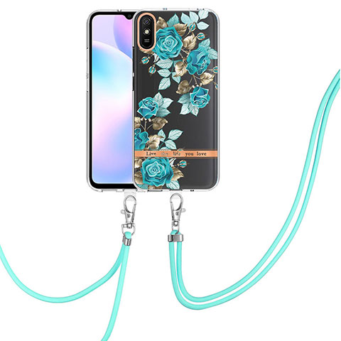 Funda Silicona Gel Goma Patron de Moda Carcasa con Acollador Cordon Lanyard Y06B para Xiaomi Redmi 9AT Cian