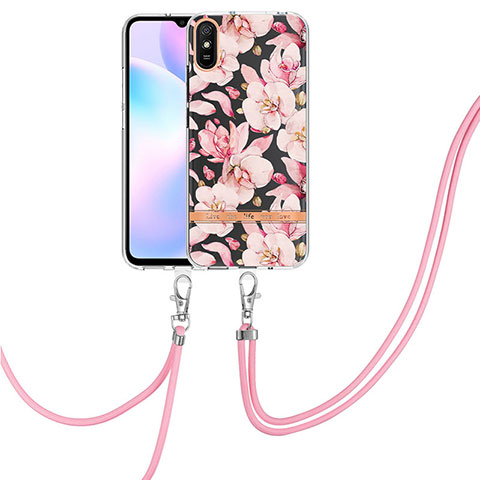 Funda Silicona Gel Goma Patron de Moda Carcasa con Acollador Cordon Lanyard Y06B para Xiaomi Redmi 9i Rosa