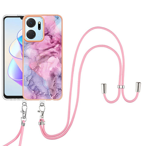 Funda Silicona Gel Goma Patron de Moda Carcasa con Acollador Cordon Lanyard Y07B para Huawei Honor X7a Purpura Claro